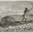 La gravure montre le radeau de pêche d'un kanak. L'homme est debout et manoeuvre avec une perche. Sur le radeau des pièges de bois en demi-sphères. A une centaine de mètres, la rive rocheuse.